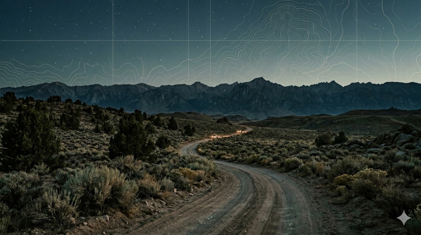 Trucks on a night trail under a topo-lined sky.